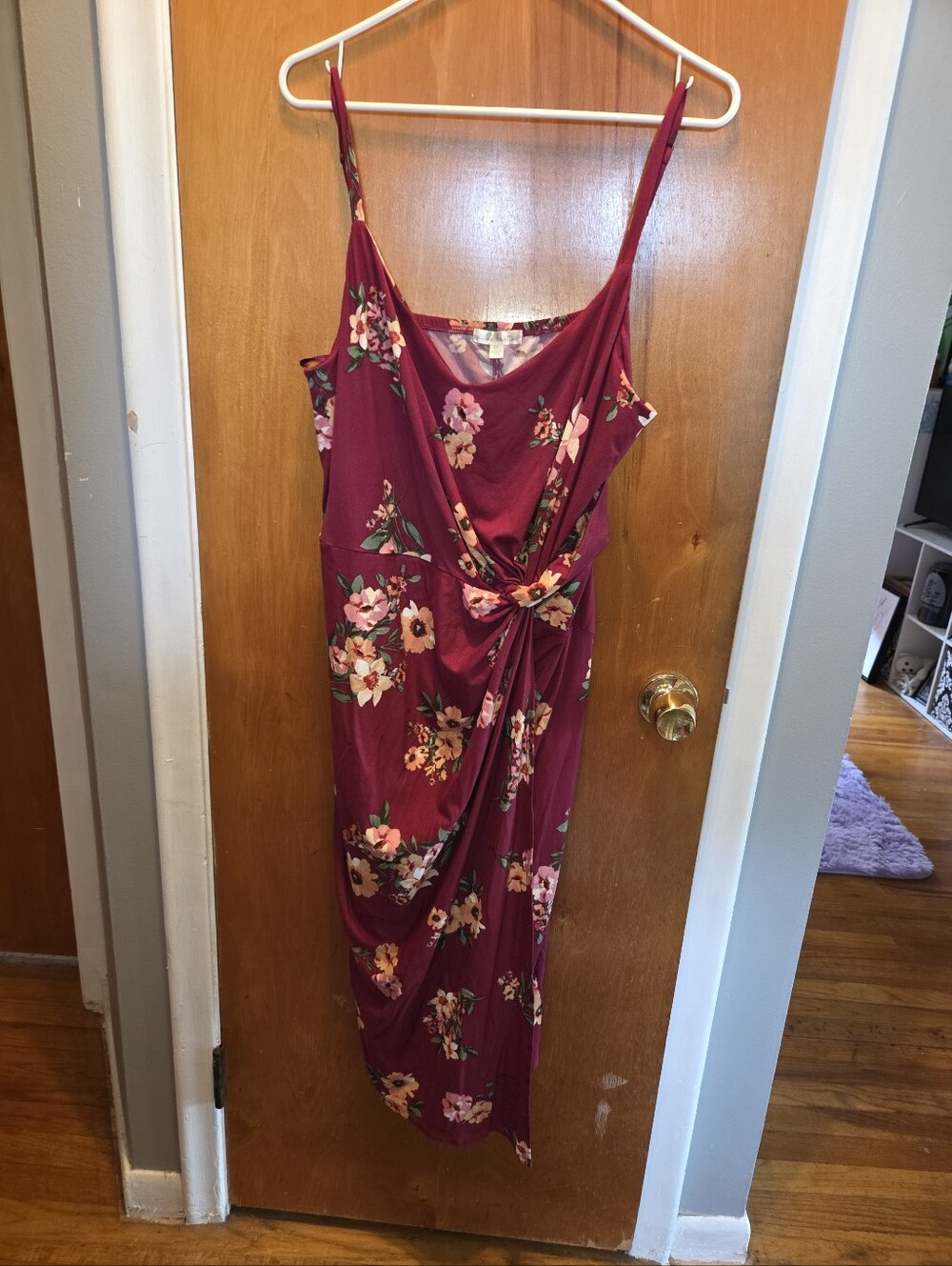nine britton Burgundy Floral Midi Dress with Twist Front